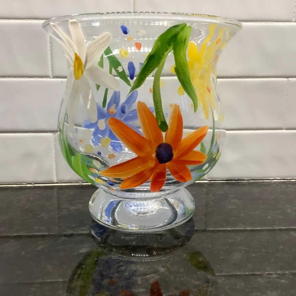 Footed Glass Vase/Candle Holder Hand Painted Floral Italy